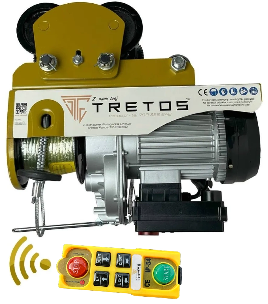 Wciągarka elektryczna linowa z wózkiem elektrycznym i pilotem bezprzewodowym TRETOS Force 500/990kg, 20m (TR-99020) TRETOS_Nowy_pilot